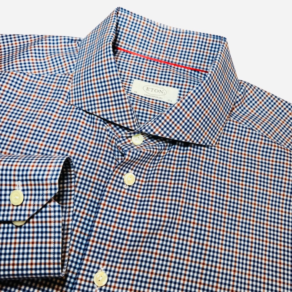 Eton Contemporary Fit Dress Shirt Blue Brown Gingham Cotton Mens 17.5/44